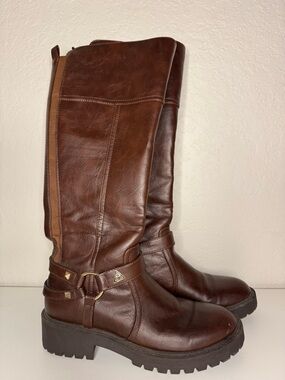 Guess Brown Leather Knee-High Riding Boots Wide Calf Friendly
